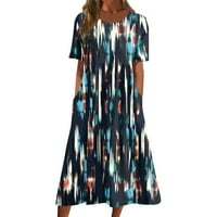 Ženska modna ljetna haljina A kroja s printom kratkih rukava s okruglim vratom do gležnja u tamnoplavoj boji od