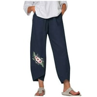 Pamučne lanene hlače za žene s elastičnom elastikom u struku, Ležerne ružičaste s printom, veličina $ $