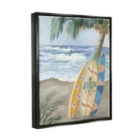Stupell Fun Ljetni daska za surfanje naginjajući palmi pejzažno slikanje crni plutač uokviren umjetnički print