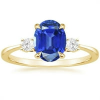 Harry Chad Enterprises 5. CT Tri kamena ovalna plava safira i okrugli zlatni dijamantni prsten, veličina 6.5