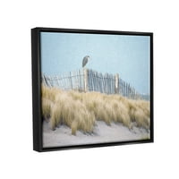 Ptica Stupell smještena na morskoj ogradi za plažu, pejzažna slika, uokvireni crni plovak, umjetnički tisak na