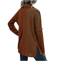 Modni džemperi za žene na rasprodaji Za Žene Jednobojni džemper dugih rukava s prorezom smeđi