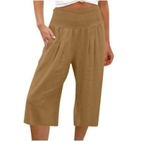 Ženske lanene hlače, široke kapri hlače, hlače s kravatom s ravnim nogavicama visokog struka, hlače ljetne duljine,