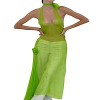 Ženska ljetna duga uska haljina, zelena prozirna klupska haljina bez rukava s visećim ovratnikom