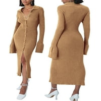 Ženska haljina u izboru, ležerna jednobojna haljina s ovratnikom s dugim rukavima, jednodijelna jednodijelna hip