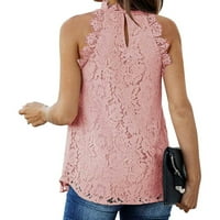 Ženska modna čvrsta prsluka okrugli vrat labava majica bez rukava na rukavima vrhovi čipkaste plaže, ružičasta,