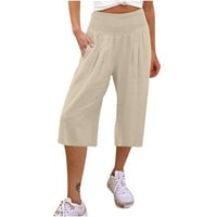 Capri hlače za Žene, Ležerne ljetne rastezljive pamučne lanene hlače visokog struka, jednobojne široke široke